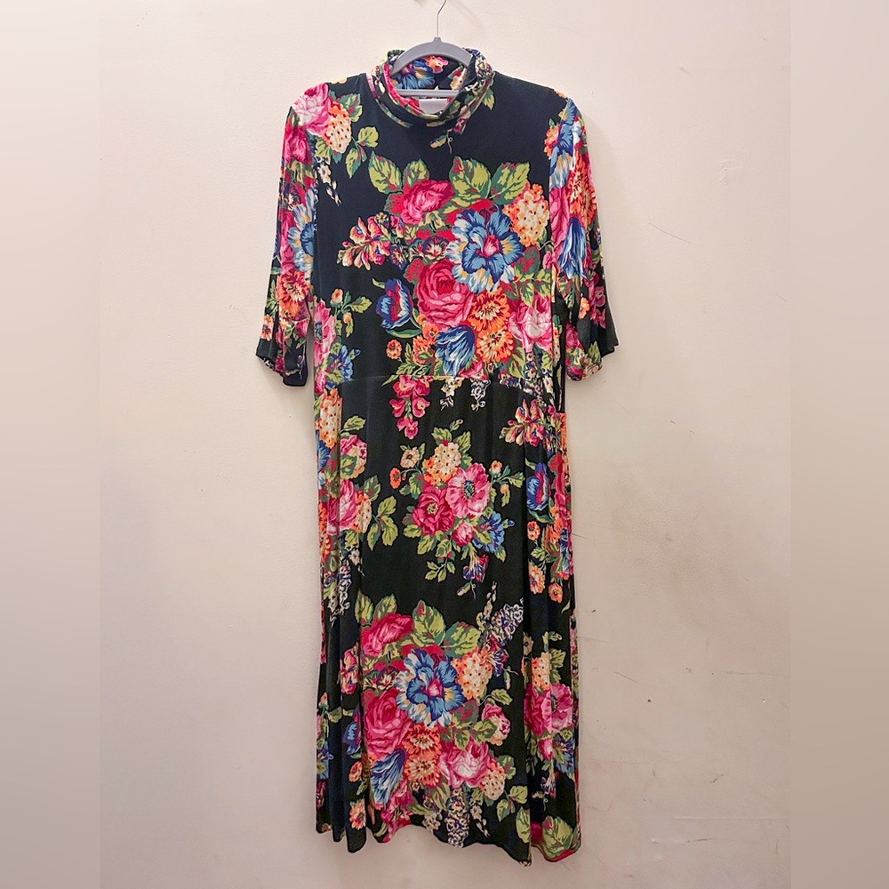 Anthropologie black floral midi dress XL